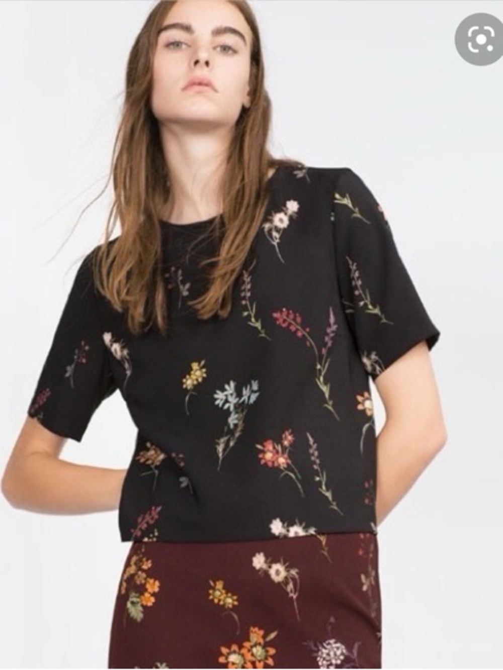 Zara Floral Short-Sleeve Blouse - Black